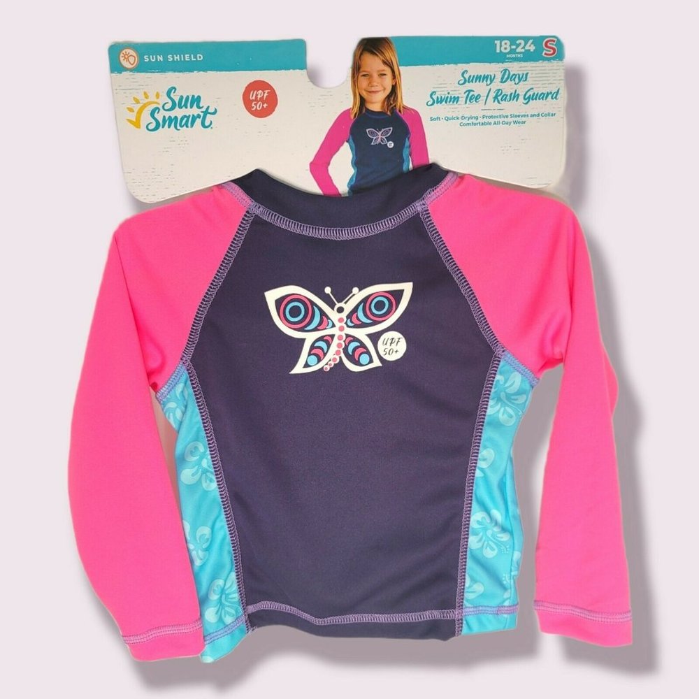 Sun Smart Girls Pink/Blue Surfs Up Swim Tee Rash/Guard - Size Small 18-24 Months